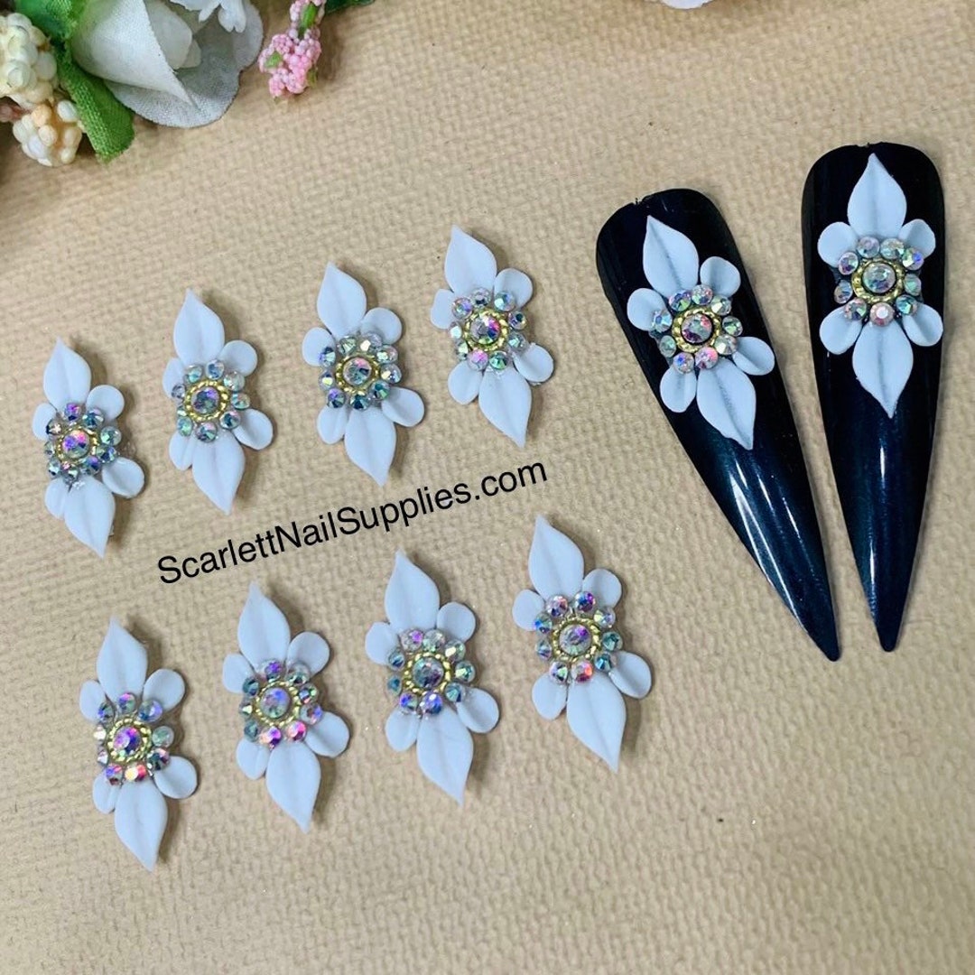 Set 4 Pieces White 3D Nail Flowers Acrylic - Etsy