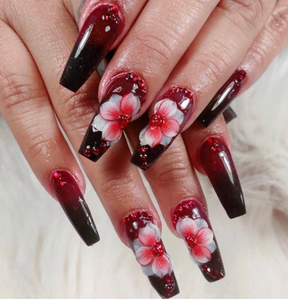 French tip 3D flower nails | Long acrylic nails, Short square acrylic nails,  Long square acrylic nails