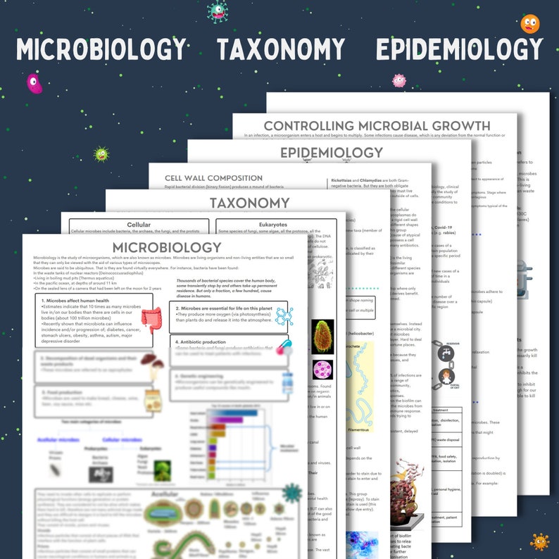 K&ouml;nnte beinhalten: Eine farbenfrohe Infografik &uuml;ber Mikrobiologie, Taxonomie und Epidemiologie. Die Infografik enth&auml;lt Diagramme von Zellen, Bakterien und Viren sowie Text, der die verschiedenen Arten von Mikroben und ihre Auswirkungen auf die menschliche Gesundheit erkl&auml;rt.