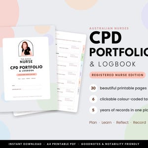 Puede incluir: Un portafolio y diario de CPD para enfermeros australianos, con una portada que muestra la ilustración de un enfermero y el texto "The Aussie Nurse CPD Portfolio & Logbook Registered Nurse Edition". Incluye 30 páginas imprimibles, 6 pestañas codificadas por colores y 5 años de registros.