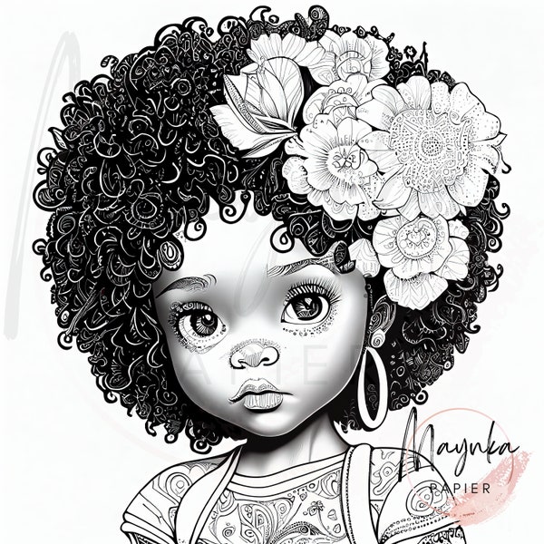 Printable Coloring Page Beautiful Black Little Girl Download Illustration African American Gray Scale Afro Detailed Face Coloring Page JPG