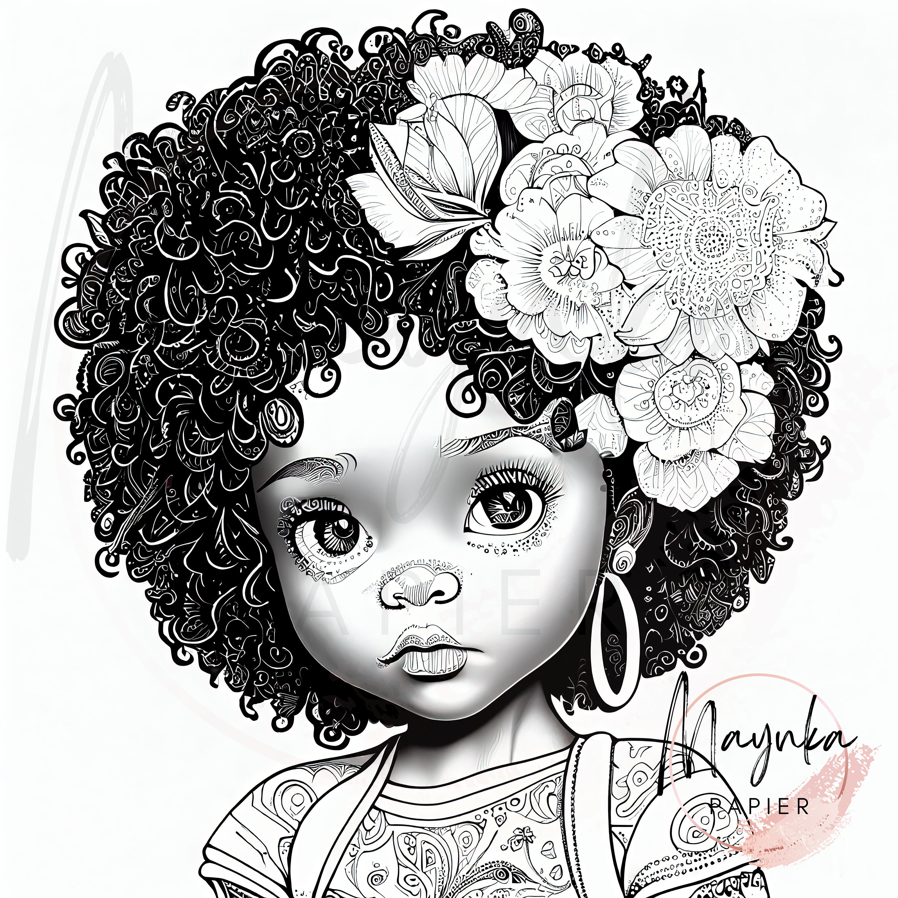 Coloring Book Page of Cute African American Girl · Creative Fabrica