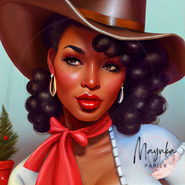 Digital Vintage Pinup Style Cowgirl Christmas Ready Great For Greeting Cards Journal Cover T-Shirts Mugs Notebooks Small Commercial Use