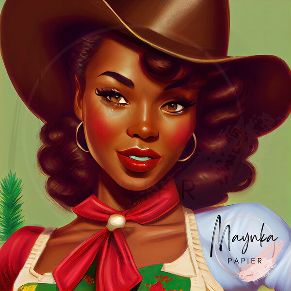 Digital Vintage Pinup Style Cowgirl Christmas Ready Great For Greeting Cards Journal Cover T-Shirts Mugs Notebooks Small Commercial Use