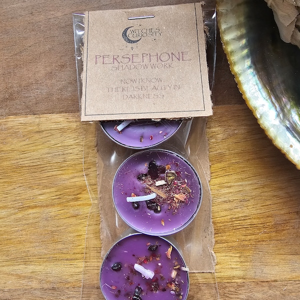 3 Spell Tealights | Persephone | Shadow Work | Ostara | Unique Gift, Self Care Gift, Witchy Gift, Pagan Gift, Vegan Candle