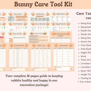 Afdrukbare gereedschapsset Bunny Care | Verzorgingstips voor konijnen | Verzorgingstips voor nieuwe konijnenbezitters | Gezondheidschecklist voor het volgen van gewoonten voor konijnentraktaties | Konijnenlogboek