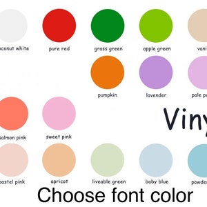May include: A color chart with 18 different color options for vinyl. The colors are labeled with names like "ink black", "coconut white", "pure red", "grass green", "apple green", "vanilla", "impact blue", "shell pink", "salmon pink", "sweet pink", "piggy pink", "pastel pink", "apricot", "liveable green", "baby blue", "powder blue", "olive green", "pumpkin", "lavender", "pale purple", and "soft lilac". The text "Vinyl" is written in large letters below the color chart. The text "Choose font color" is written below the text "Vinyl".