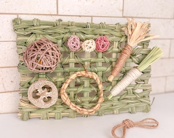 May include: A collection of natural pet toys, including a woven grass mat, woven balls, a loofah, a ring, and carrot-shaped toys. The toys are made of natural materials and are designed for small animals.