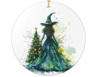 Adorno de cerámica de bruja con vestido verde / Árbol de Navidad en acuarela