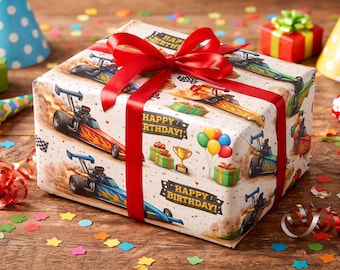 Dragster Happy Birthday Wrapping Paper | Racing Cars, Flames, Birthday Accents