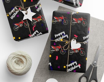 Red Dirt Bike Happy Birthday Wrapping Paper | Motocross Birthday Wrap