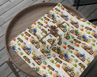 Dirt Bike Happy Birthday Wrapping Paper | Motocross Balloons Trophies Flags