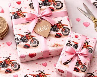 Dirtbike Hearts Wrapping Paper | Valentines Day Motocross