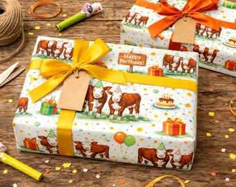 Hereford Cattle Happy Birthday Wrapping Paper | Farm Birthday Wrap