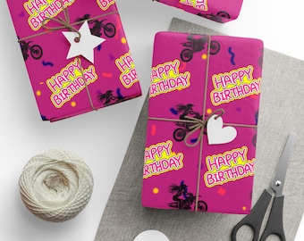 Pink Motocross Happy Birthday Wrapping Paper | Dirt Bike Girl Birthday Wrap