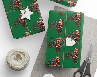 Santa on Dirt Bike Wrapping Papers, Christmas Moto Gift Wrap | Dirtbike Santa