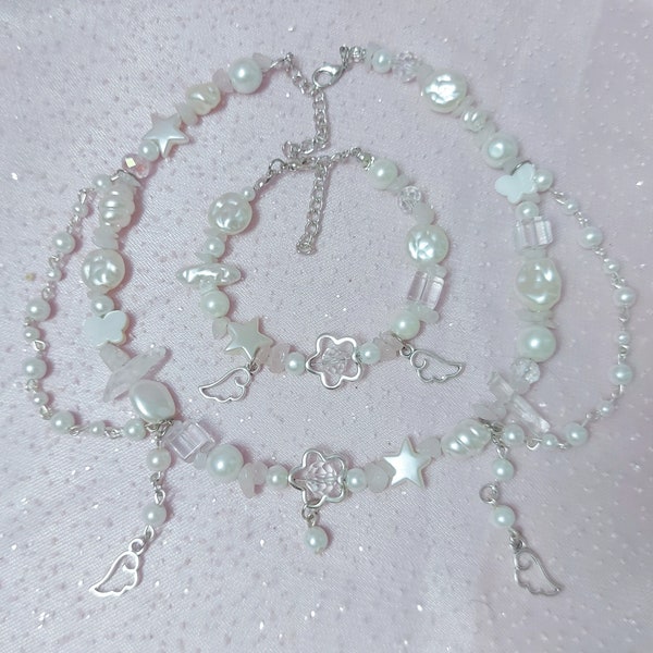 White pearl angel princess beaded necklace bracelet set