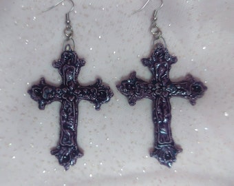 Ceramic dark purple cross earrings