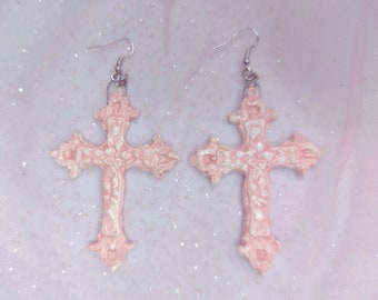 Ceramic pink cross earrings