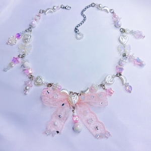 Pink lace ribbon princess coquette beaded necklace