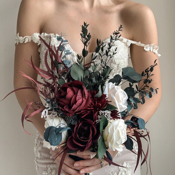 Eucalyptus Bridal Bouquet Burgundy  Rustic Wedding Bouquet Burgundy Peony Bouquet Preserved Eucalyptus Greenery Wedding Flowers