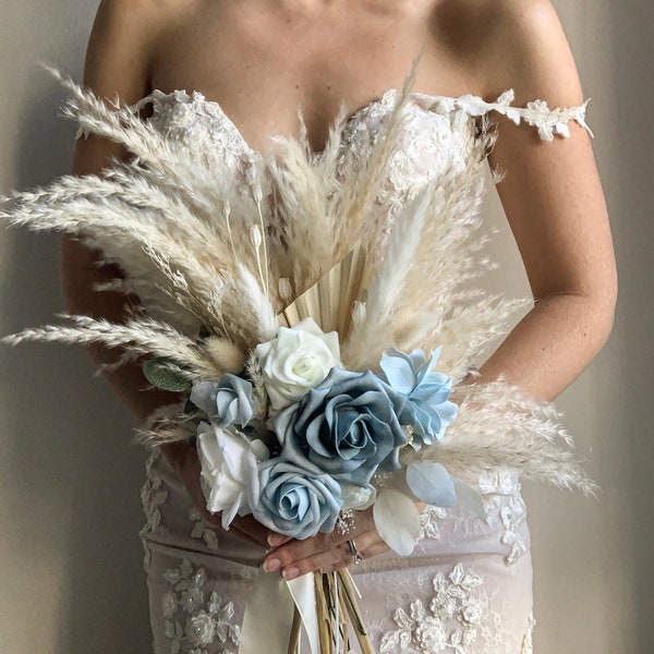 Blue Bridal Bouquet Boho Dried Pampas Grass Wedding Flowers