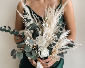 Pampas Wedding Bouquet, Ivory White Wedding Bouquet, Bridal Boho Bouquet, Dried Flowers, Rustic Bouquet, Eucalyptus Bouquet, Centerpiece