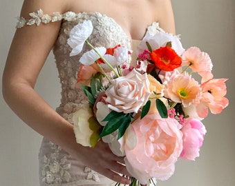 Wildflower Bridal Bouquet Colorful Wedding Bouquet Peony Summer Bridal Bouquet Spring Wedding Flowers Pink Coral Peach