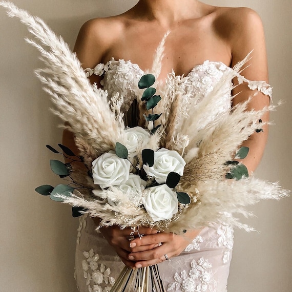 Pampas Wedding Bouquet Ivory White Wedding Bouquet Bridal - Etsy