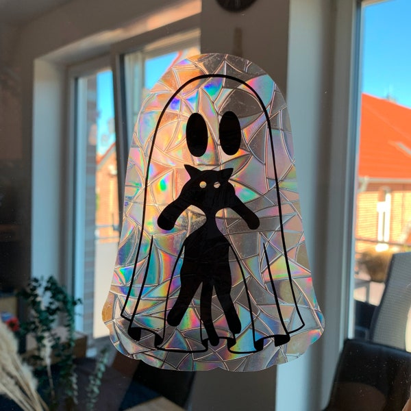 Suncatcher Sticker Gespenst | Sonnenfänger für einen schönen Regenbogen | Fenster Aufkleber | Fensterdeko | Halloween Geist schwarze Katze