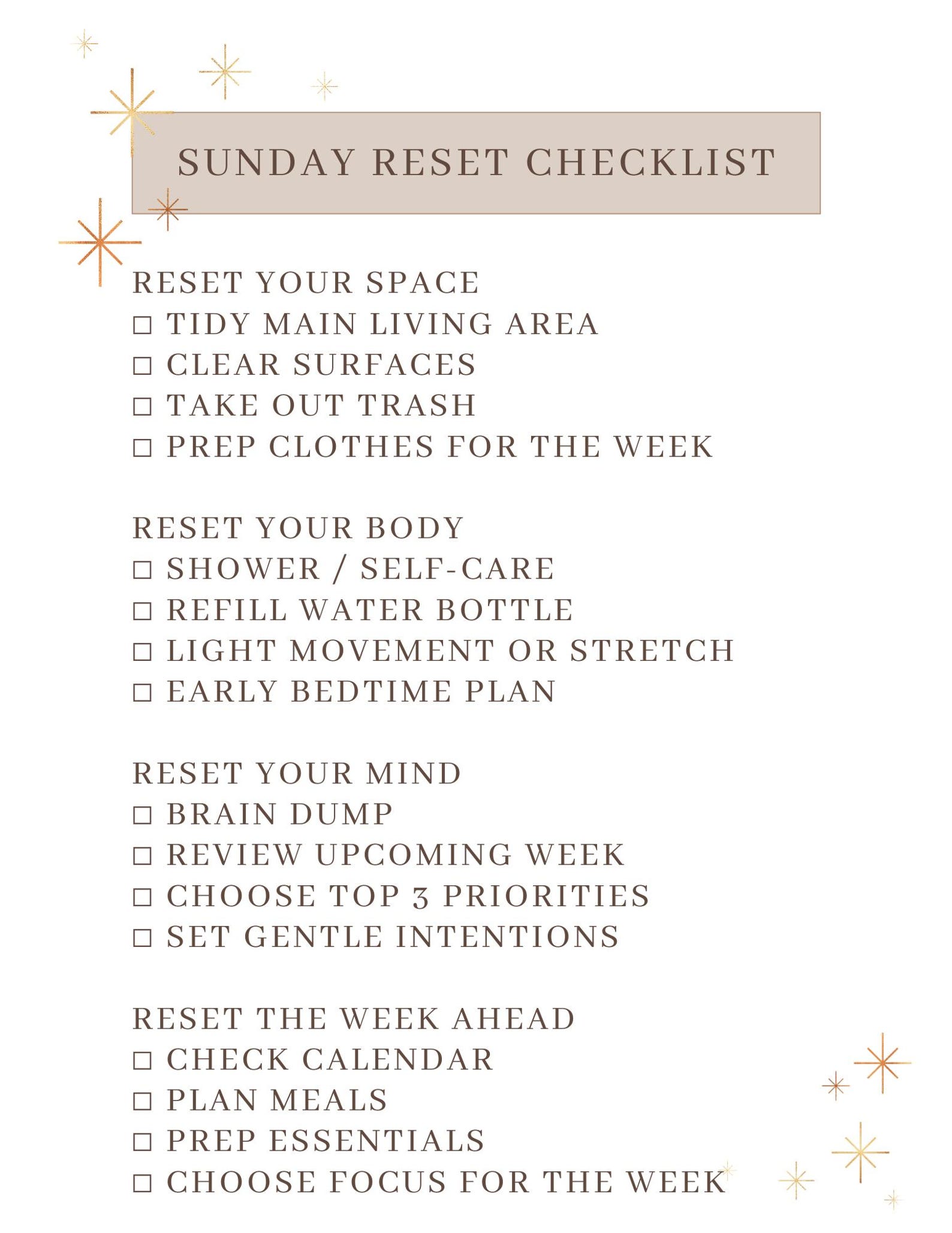 Sunday Reset Checklist Printable | Weekly Reset Planner PDF | Minimal ...