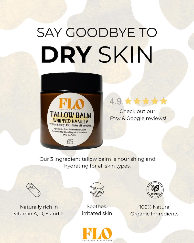 Op de afbeelding: Een bruine pot "FLO Tallow Balm Whipped Vanilla" voor gezicht en lichaam. Het etiket bevat de ingredi&euml;nten en vermeldt dat het 100% natuurlijk is. De tekst "Say Goodbye to Dry Skin" staat bovenaan. De balsem is rijk aan vitaminen en verzacht de ge&iuml;rriteerde huid.
