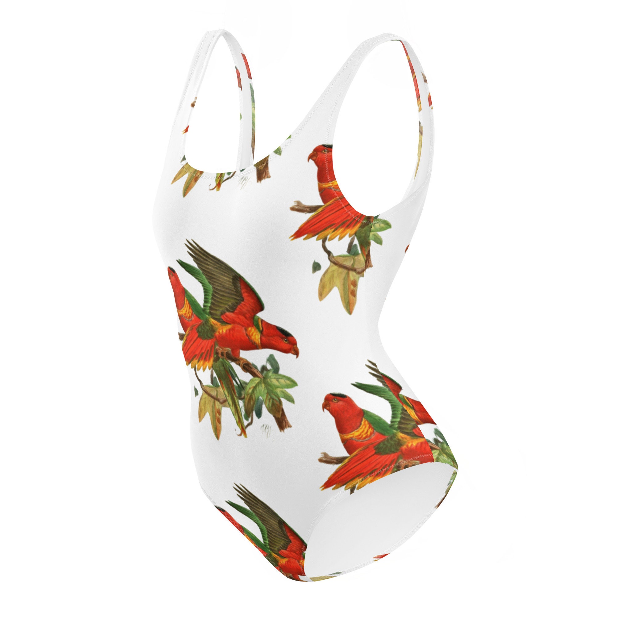 Tropical Bird Patchwork Print One Piece Swimsuite