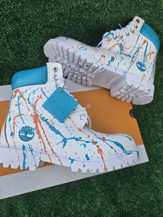 Custom Painted Timberland Boots: Turquoise White Splash 
