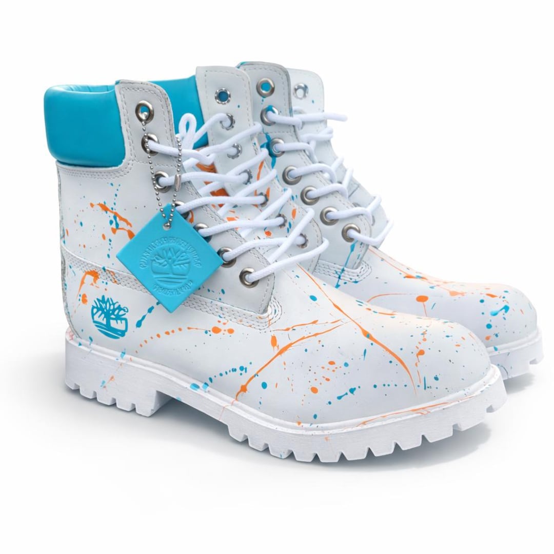 Custom Painted Timberland Boots: Turquoise White Splash Streetwear