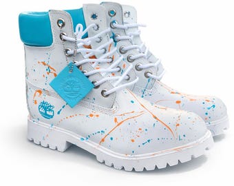 Custom Painted Timberland Boots: Turquoise White Splash Streetwear Design