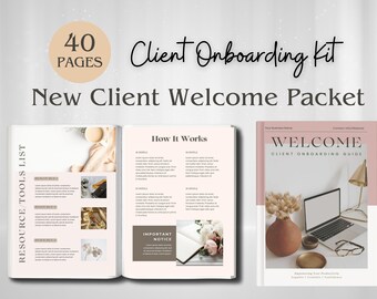 Puede incluir: Un kit de incorporación de clientes de 40 páginas con una portada rosa y blanca que incluye el texto "Nuevo paquete de bienvenida para clientes". El kit incluye una lista de herramientas de recursos, una sección "Cómo funciona" y una guía de bienvenida.