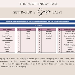 以下が含まれることがあります： 薄いベージュ色の背景に「SETTINGS」というタイトルのデジタルプランナーページ。投稿カテゴリ、担当者、ステータス、プロモーションチャネルの表が含まれています。「Setting up is Super EASY!」と書かれています。