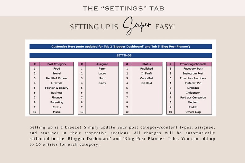 以下が含まれることがあります： 薄いベージュ色の背景に「SETTINGS」というタイトルのデジタルプランナーページ。投稿カテゴリ、担当者、ステータス、プロモーションチャネルの表が含まれています。「Setting up is Super EASY!」と書かれています。