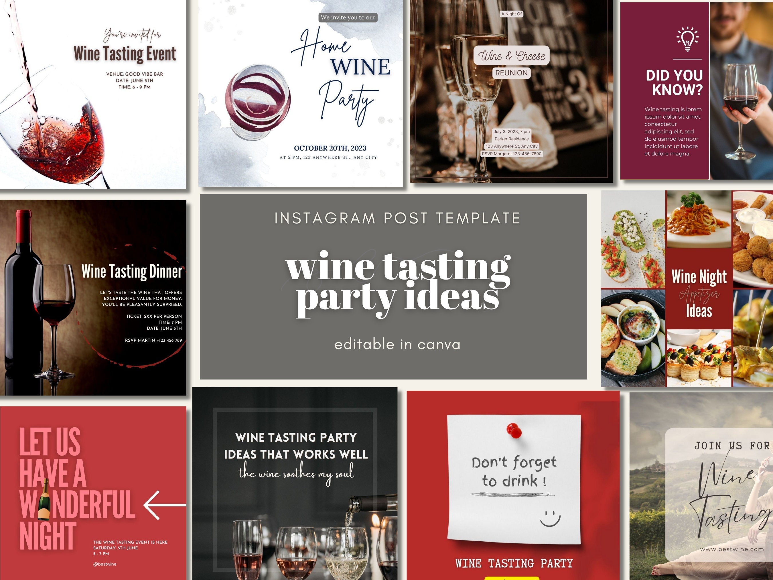 25 Wine Tasting Party Idea Instagram Template|Wine Business Wine Party| Editable Canva IG Post| Wine Tasting Event Ideas| Wine N Dine