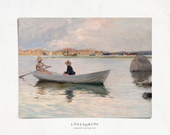 Rowing in the Sunset - Vintage People Painting - Vintage Wall Art - Home Interior Decor - Scenery Painting - Physical Art Print