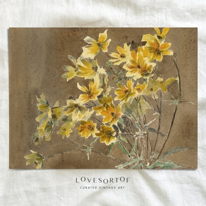 Puede incluir: Una pintura de acuarela vintage de un ramo de flores amarillas sobre un fondo marr&oacute;n. La pintura est&aacute; firmada "Lovesortof" y "Curated Vintage Art".