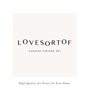 Puede incluir: Un cuadrado blanco con texto negro que dice "LOVESORTOF CURATED VINTAGE ART" y el texto "High Quality Art Prints for Your Home" debajo del cuadrado.
