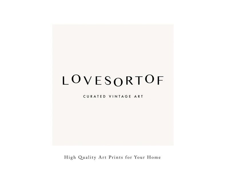 Puede incluir: Un cuadrado blanco con texto negro que dice "LOVESORTOF CURATED VINTAGE ART" y el texto "High Quality Art Prints for Your Home" debajo del cuadrado.
