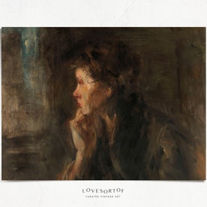 May include: A painting of a woman with dark hair, wearing a dark dress, looking out of a window. The painting is done in a dark, muted palette with a focus on the woman's face and expression.