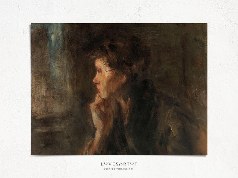 May include: A painting of a woman with dark hair, wearing a dark dress, looking out of a window. The painting is done in a dark, muted palette with a focus on the woman's face and expression.