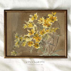 Blackeyed Susans - Vintage Flower Painting - Home Decor - Shelf Styling - Yellow Flower Painting - Rustic Interior - Physical Print