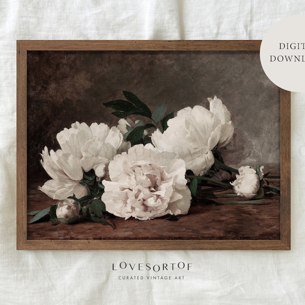 French Peonies - French Home Decor - Shelf Styling - White Peony Still Life - Flower Painting - Digital Download