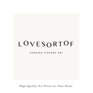 K&ouml;nnte beinhalten: Ein wei&szlig;es Quadrat mit schwarzem Text, der "LOVESORTOF CURATED VINTAGE ART" lautet, und dem Text "High Quality Art Prints for Your Home" unterhalb des Quadrats.
