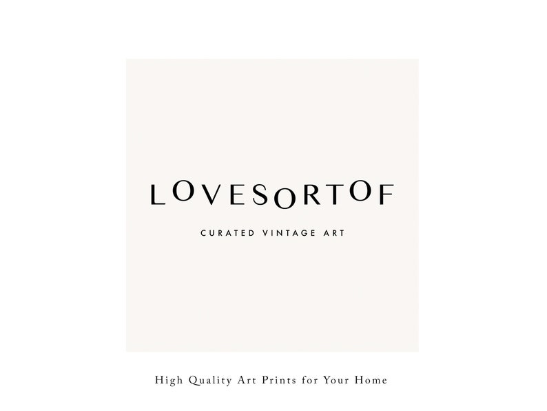 K&ouml;nnte beinhalten: Ein wei&szlig;es Quadrat mit schwarzem Text, der "LOVESORTOF CURATED VINTAGE ART" lautet, und dem Text "High Quality Art Prints for Your Home" unterhalb des Quadrats.